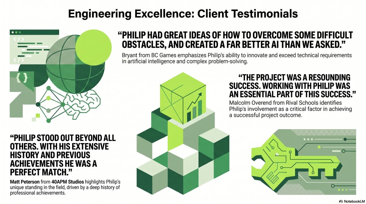 Client testimonials from BC Games, Rival Schools, and 40APM Studios